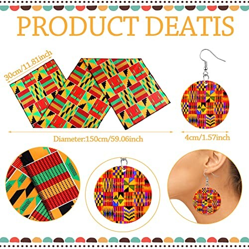 Colorful African print earrings with size details