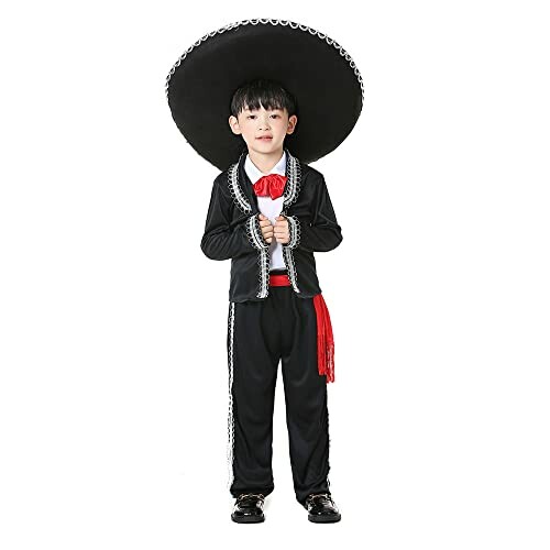 Child wearing a mariachi costume with a large hat