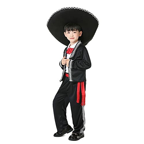 Child wearing a mariachi costume with a large black hat