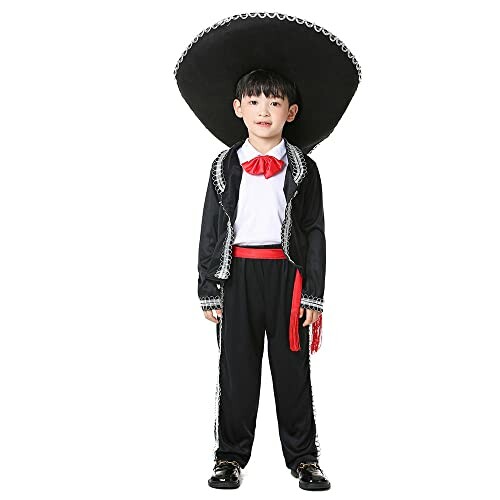 Child wearing a mariachi costume with a large hat