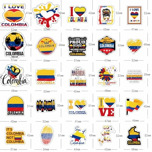 Colombia-themed stickers with flags and text