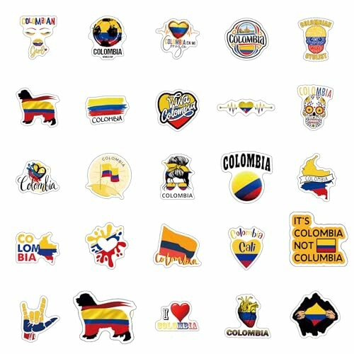 Collection of Colombia-themed stickers with flags and text