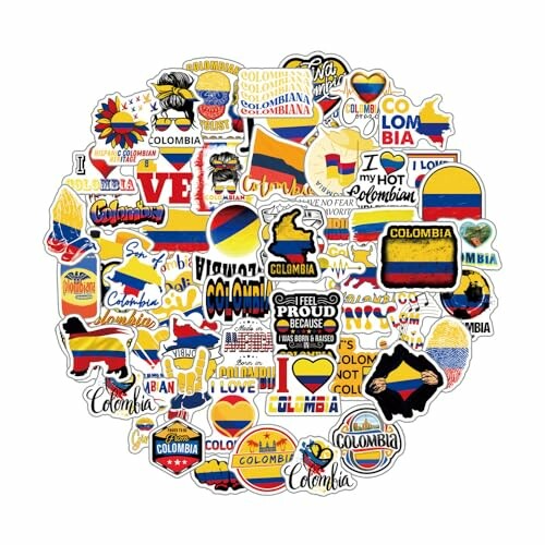 A collection of colorful Colombian-themed stickers featuring flags, maps, and text