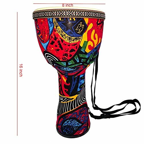 Colorful djembe drum with strap, 16 inches tall and 8 inches in diameter.