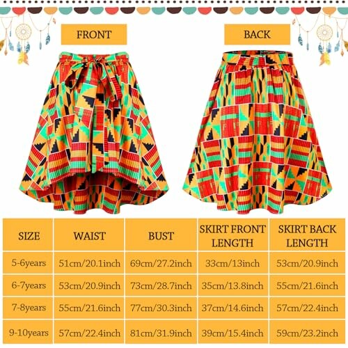 Colorful girls' skirt with size chart for ages 5-10 years.