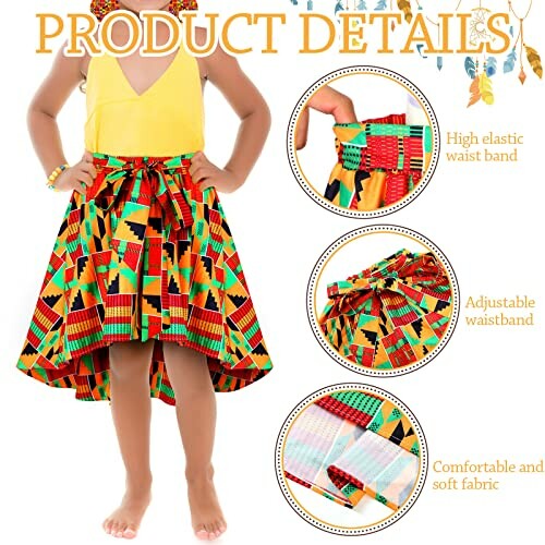 Child wearing a colorful skirt with product details highlighted: high elastic waistband, adjustable waistband, comfortable and soft fabric.