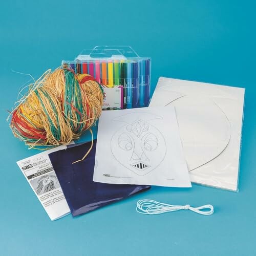 Craft supplies kit with yarn, markers, paper, and string.