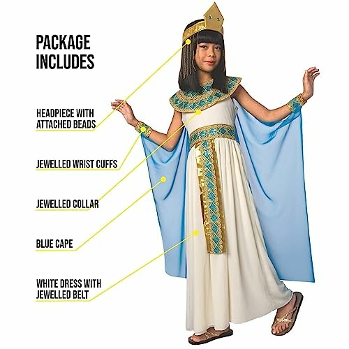 Girl wearing Egyptian costume with headpiece, jeweled collar, cuffs, and blue cape.