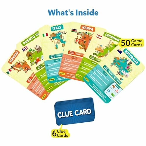 Set of geography game cards featuring different countries and clue card.