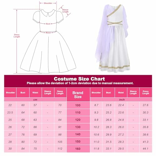 Size chart for girls' costumes with dress and shoulder measurements.