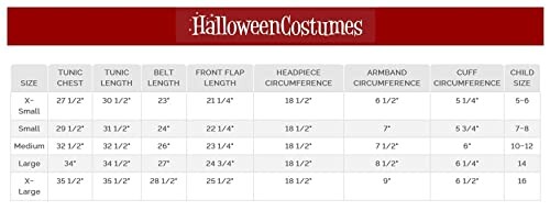 Halloween costume size chart with measurements for tunic, belt, headpiece, armband, cuff, and child size.