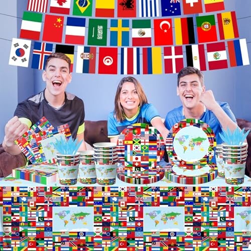 People at a table with international flag decorations and themed tableware.