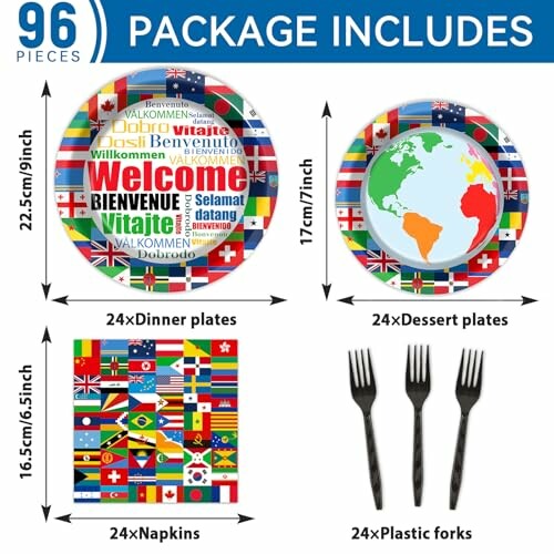 International themed party supplies set including plates, napkins, and forks with global flags and welcome text.