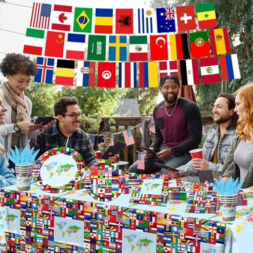 People enjoying an international-themed party with various country flags and tableware.