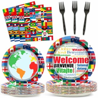 International Flags Welcome Party Plates Napkins Forks