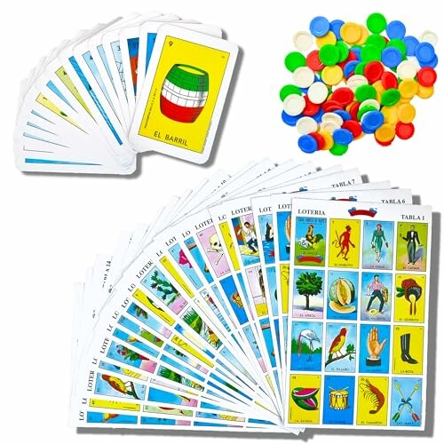 Loteria game set with cards, boards, and colorful markers.