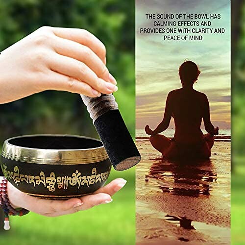 Person meditating with Tibetan singing bowl and mallet.