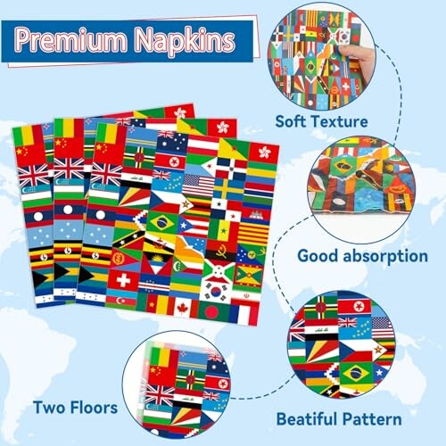 Colorful napkins with world flags and features highlighted.