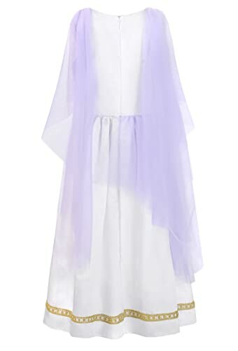 White dress with purple sheer cape and gold trim.